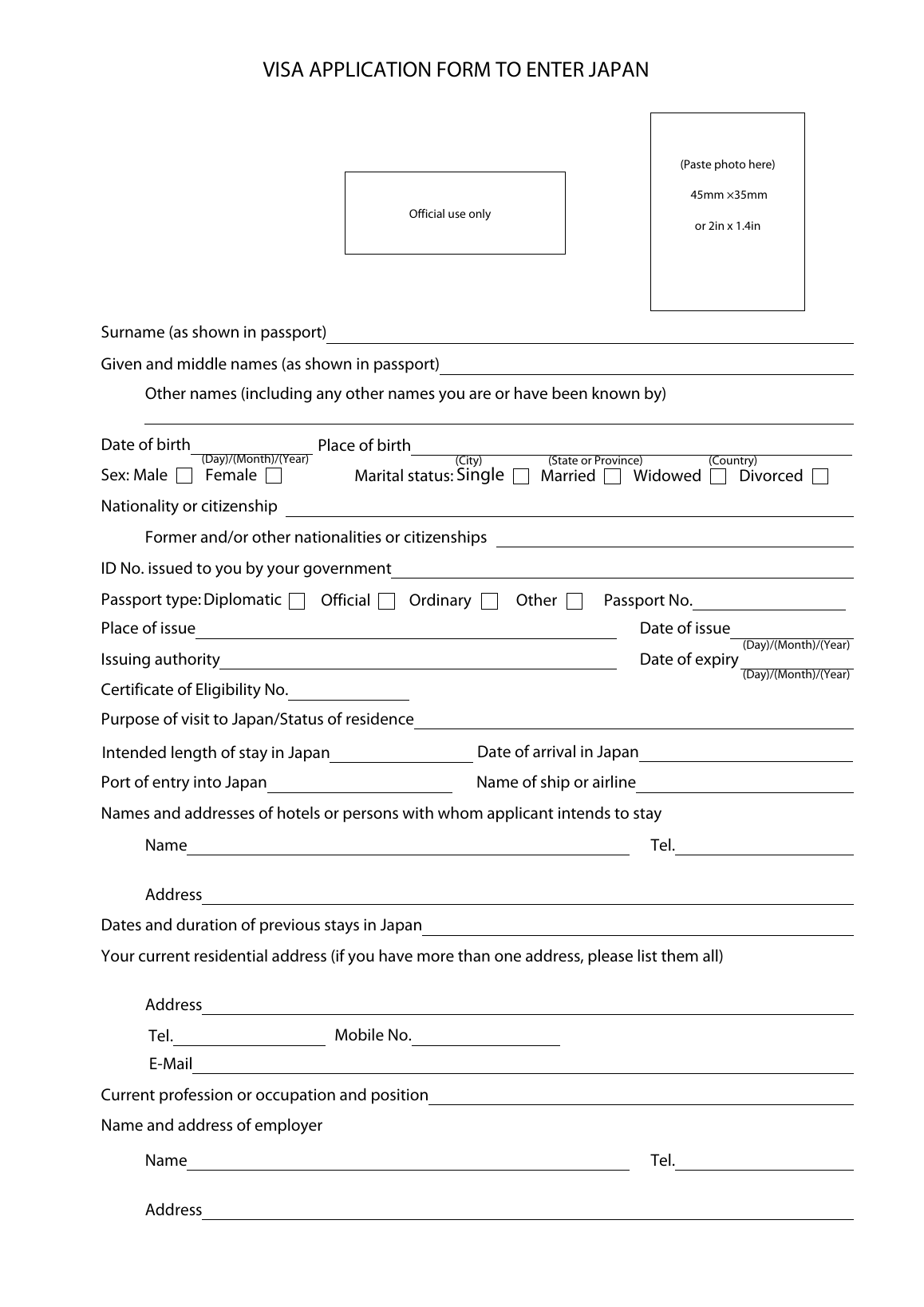Перша сторінка анкети VISA APPLICATION FORM TO ENTER JAPAN